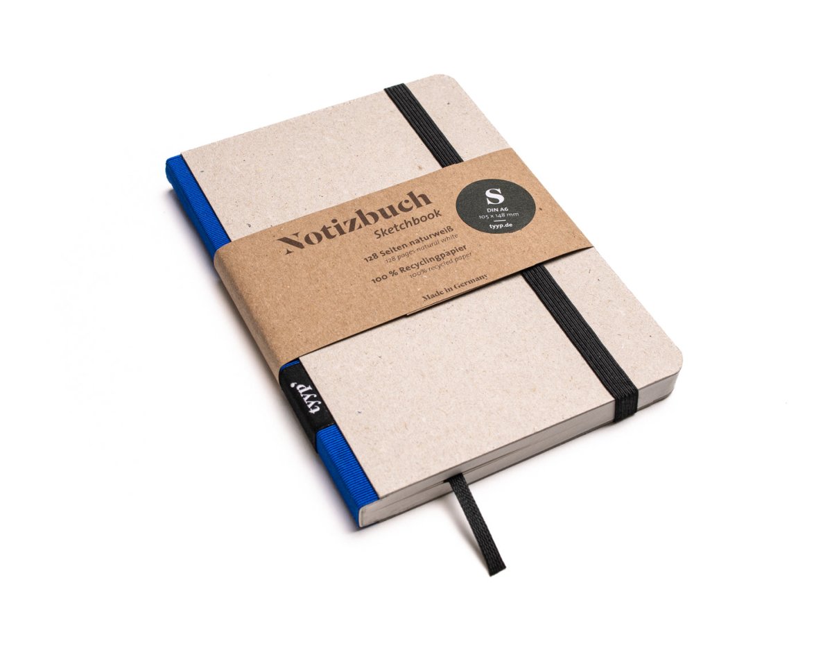 Notizbuch A6 „Klassik“ blanko, Abreißperforation, Einband Recyclingkarton Grau | Bundfarbe: Blau Ocean