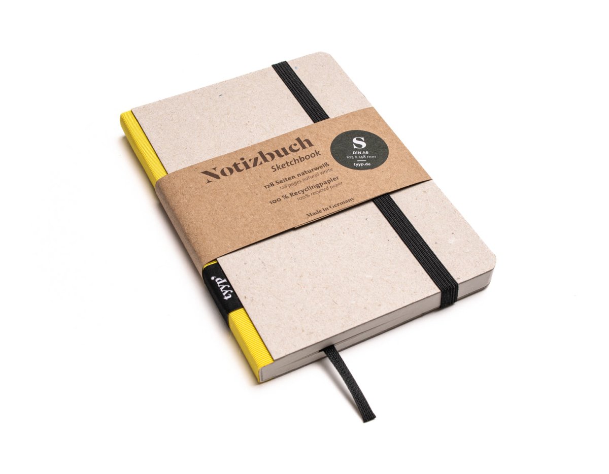 Notizbuch A6 „Klassik“ blanko, Abreißperforation, Einband Recyclingkarton Grau | Bundfarbe: Zitronengelb