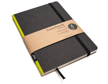 Notizbuch A5 „Klassik“ dotted, punktkariert, Einband Schwarz | Bundfarbe: Limetten-Gruen