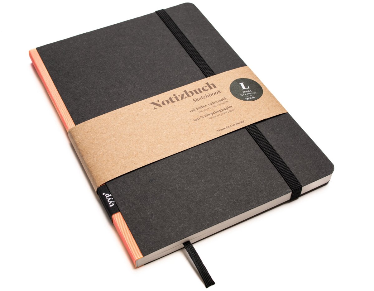 Notizbuch A5 „Klassik“ dotted, punktkariert, Einband Schwarz | Bundfarbe: Pfirsich