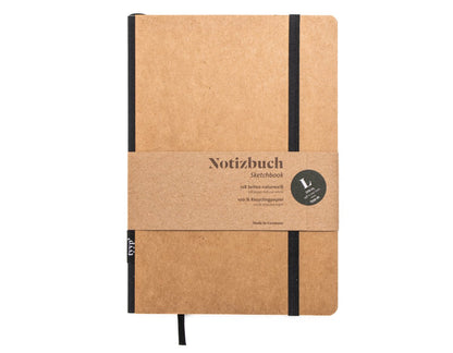 Notizbuch A5 „Klassik“ liniert, brauner Einband Natur-Design mit Gummiband, Bundfarbe schwarz, 100% Recyclingpapier
