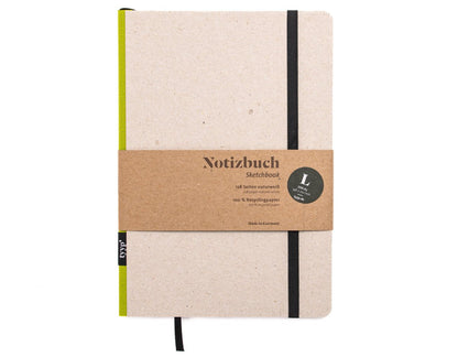 Notizbuch A5 „Klassik“ liniert, Einband Recyclingkarton Grau | Bundfarbe: Limette