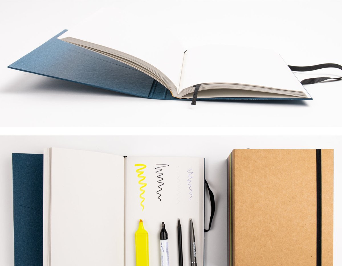 Notizbuch A5+ „Schweizer Broschur" – blanko, perforiert, mit Stifthalter