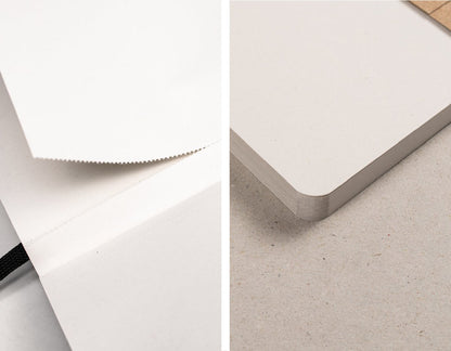 Notizbuch A6 Softcover, Detailaufnahme Papier und Ecke, 100% Recyclingpapier