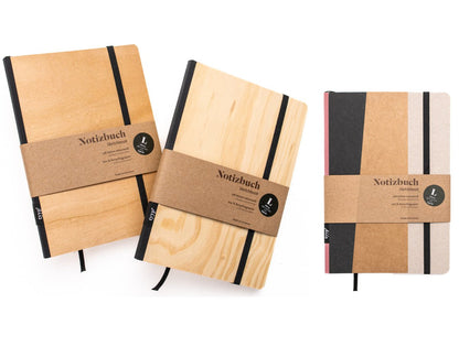 Notizbuch aus Holz aufgeschlagen – blanko Seiten, 115 g Recyclingpapier