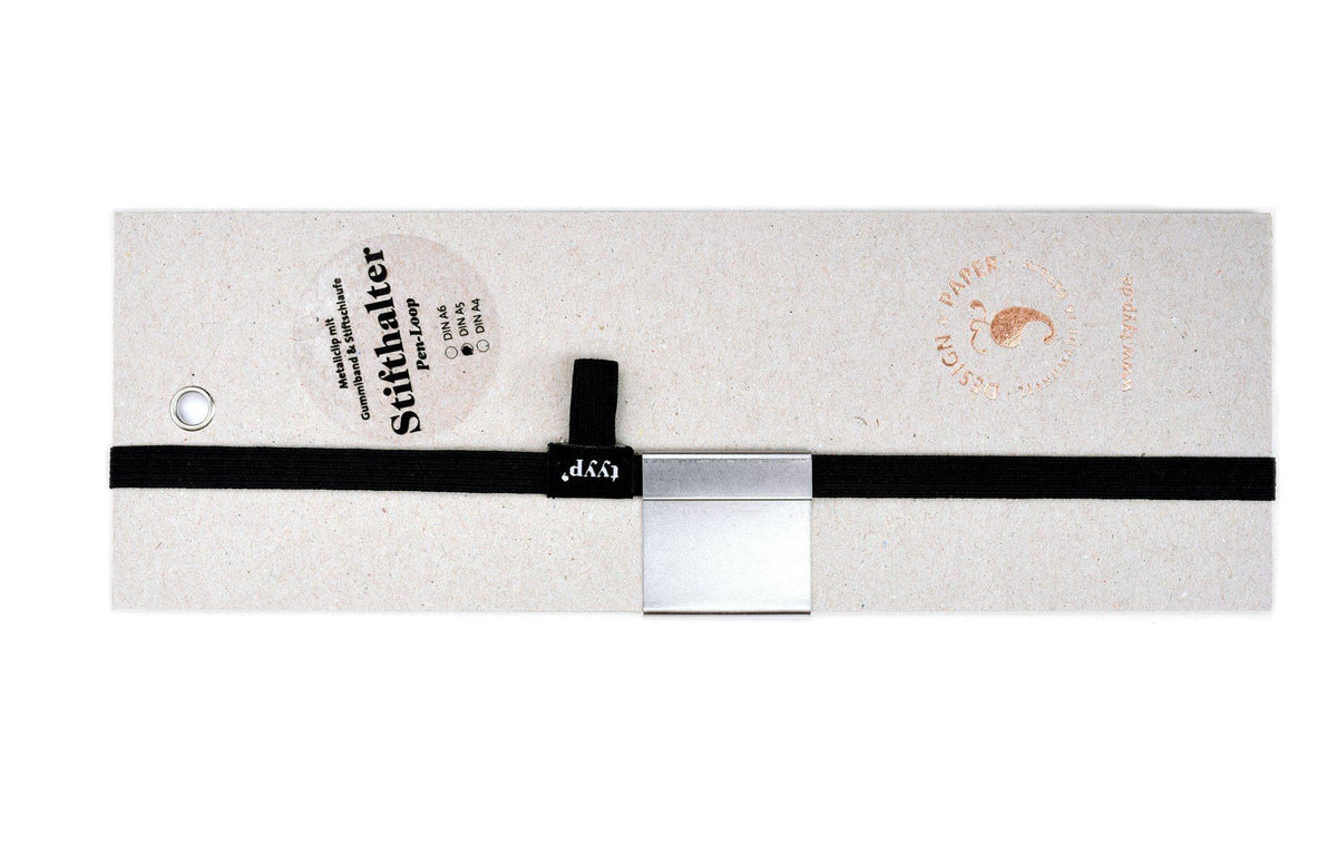 Produktverpackung Stiftschlaufe mit Gummiband, Halterung für Stift am Notizbuch, Detailansicht